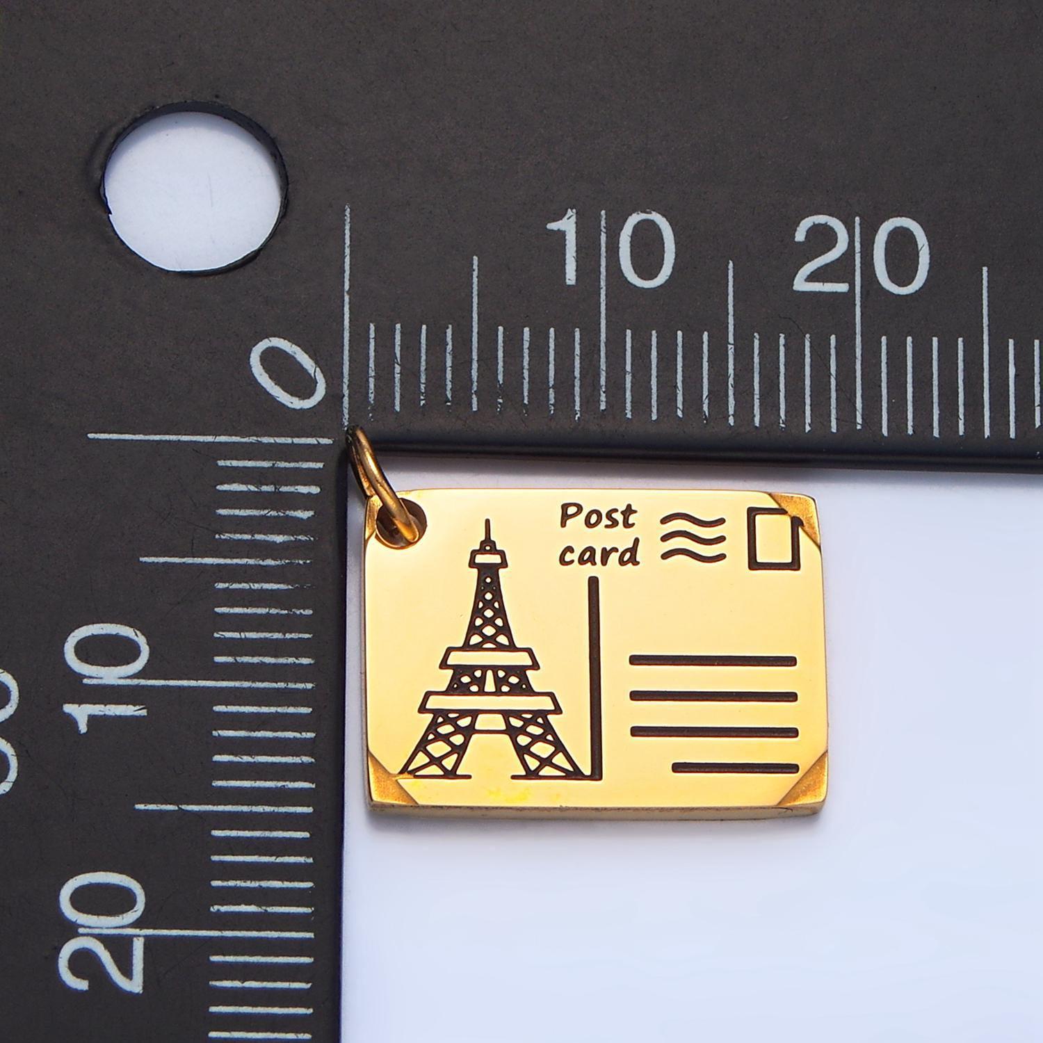 Paris picture post card black enamel out-line, stainless steel travel charm | p-1341