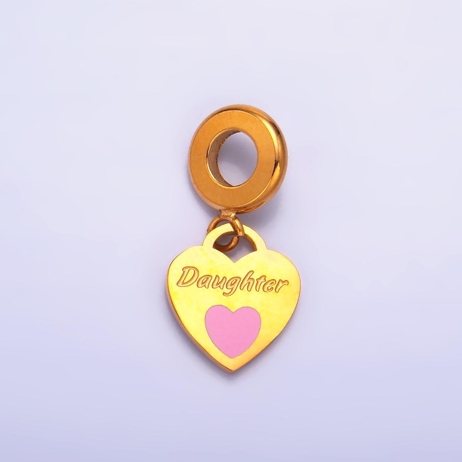 Stainless Steel Gold Heart Daughter Charm Mother Day Theme Rondelle Bail Drop Pendant | P-751