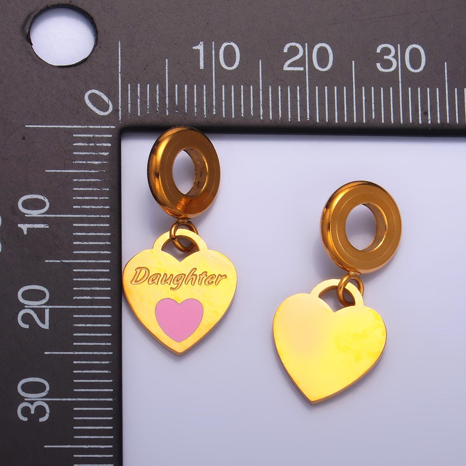Stainless Steel Gold Heart Daughter Charm Mother Day Theme Rondelle Bail Drop Pendant | P-751
