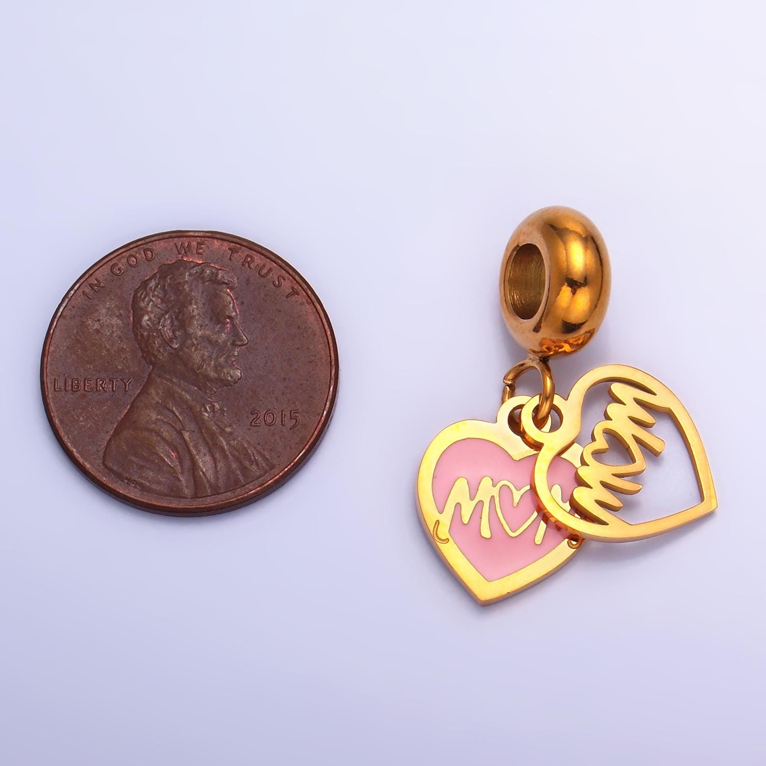 Stainless Steel Gold Heart Mom Charm Mother Day Theme Rondelle Bail Drop Pendant | P-752