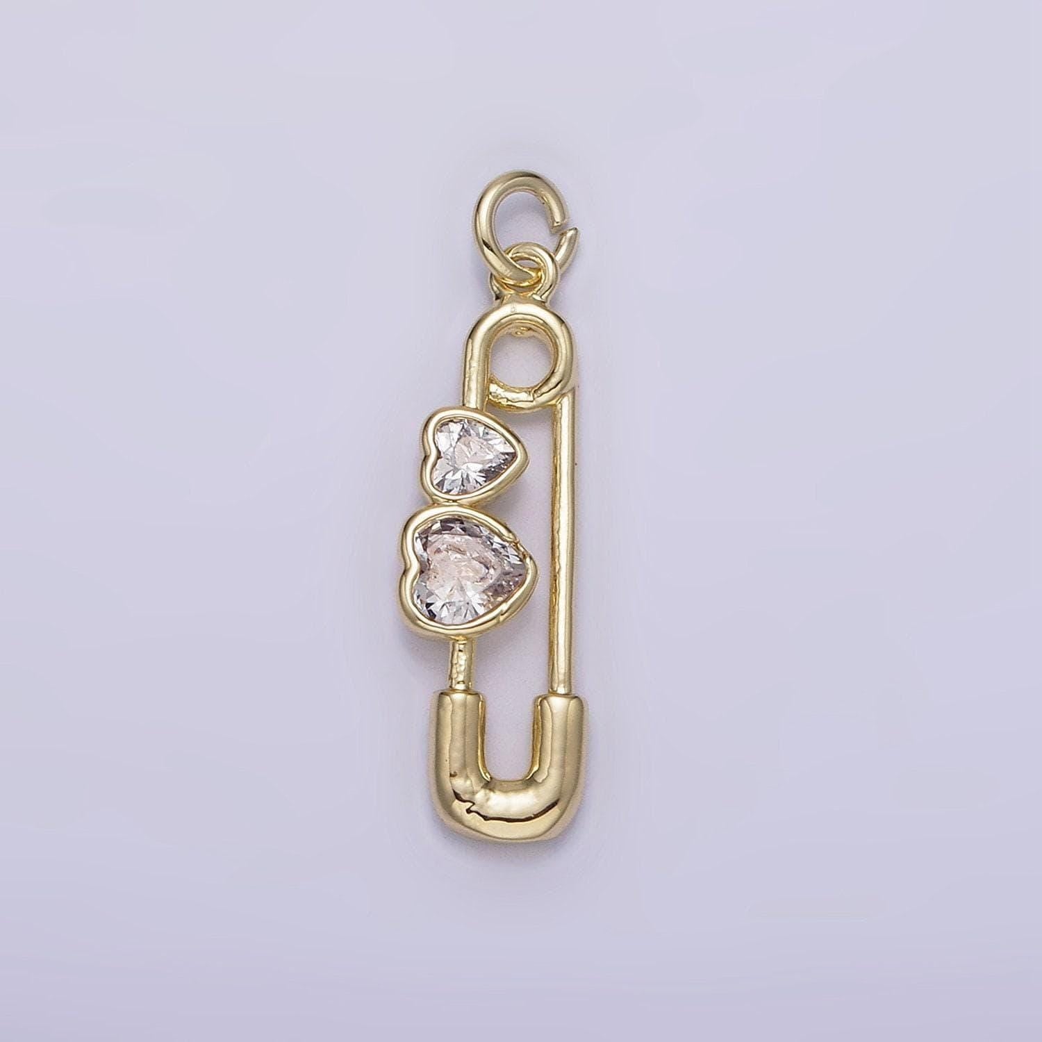 14k gold filled double clear cz heart safety baby pin charm | ag229