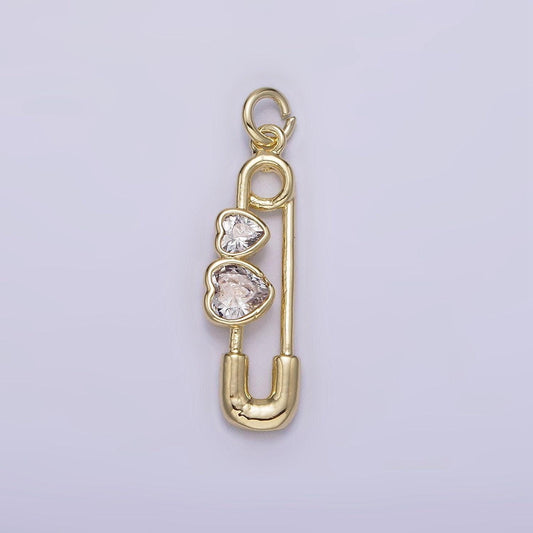 14k gold filled double clear cz heart safety baby pin charm | ag229