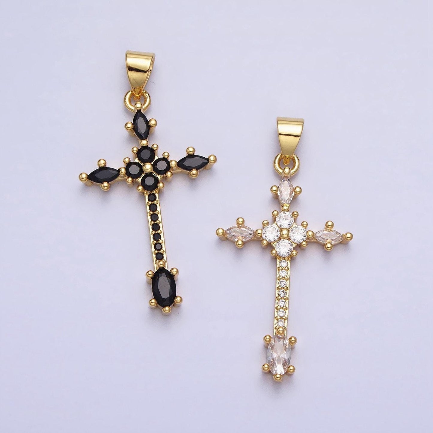 Slim long 24k gold filled clear, black marquise micro paved cz religious cross pendant charm| aa205 aa209