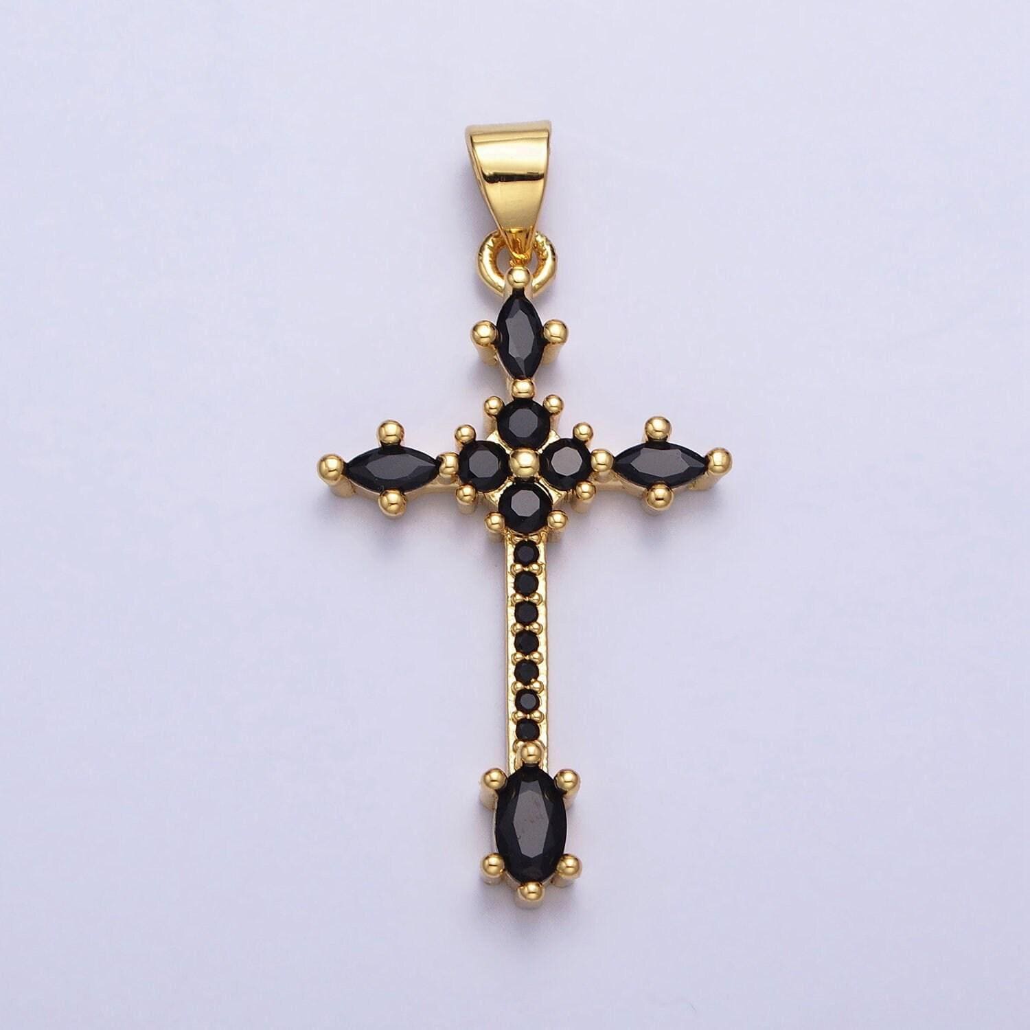 Slim long 24k gold filled clear, black marquise micro paved cz religious cross pendant charm| aa205 aa209