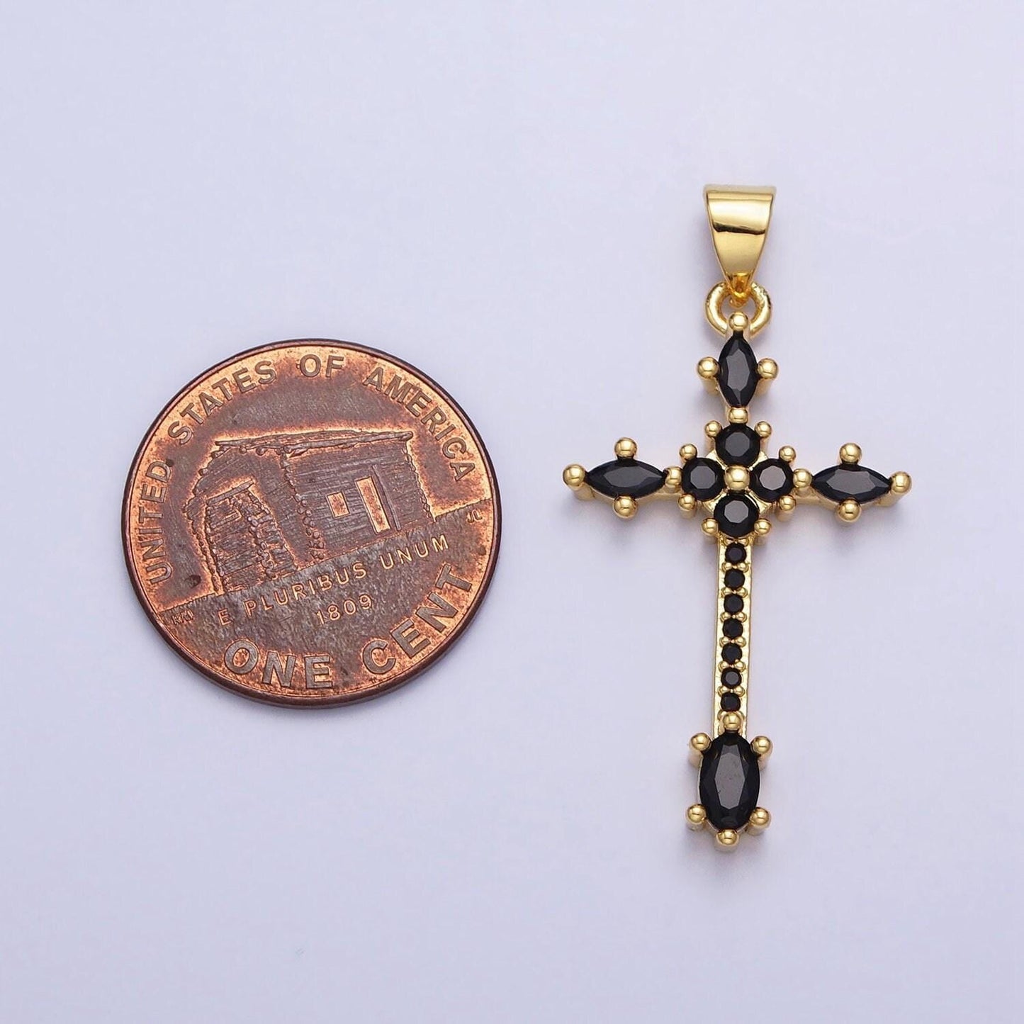 Slim long 24k gold filled clear, black marquise micro paved cz religious cross pendant charm| aa205 aa209