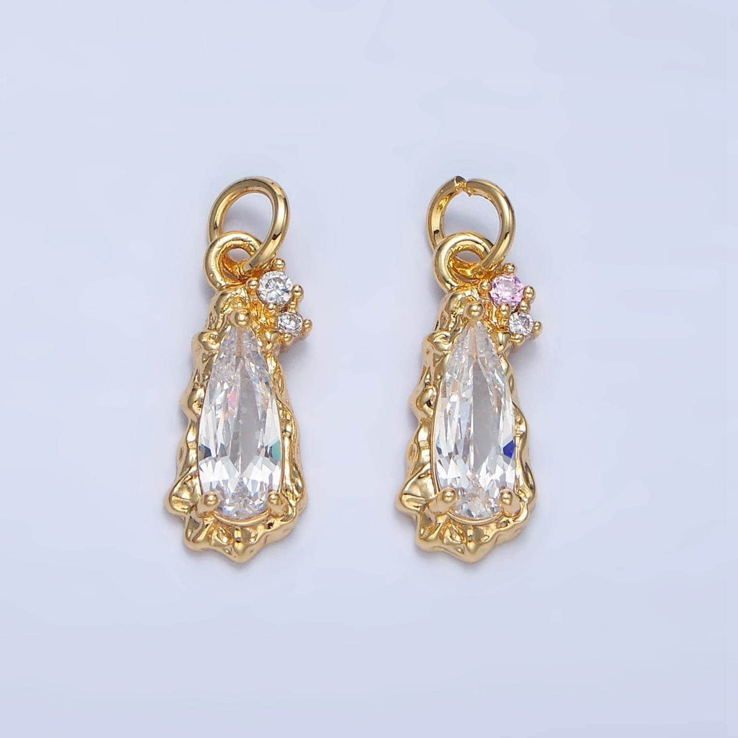 Clear, pink cz 24k gold filled molten teardrop charm | x-931 x-932