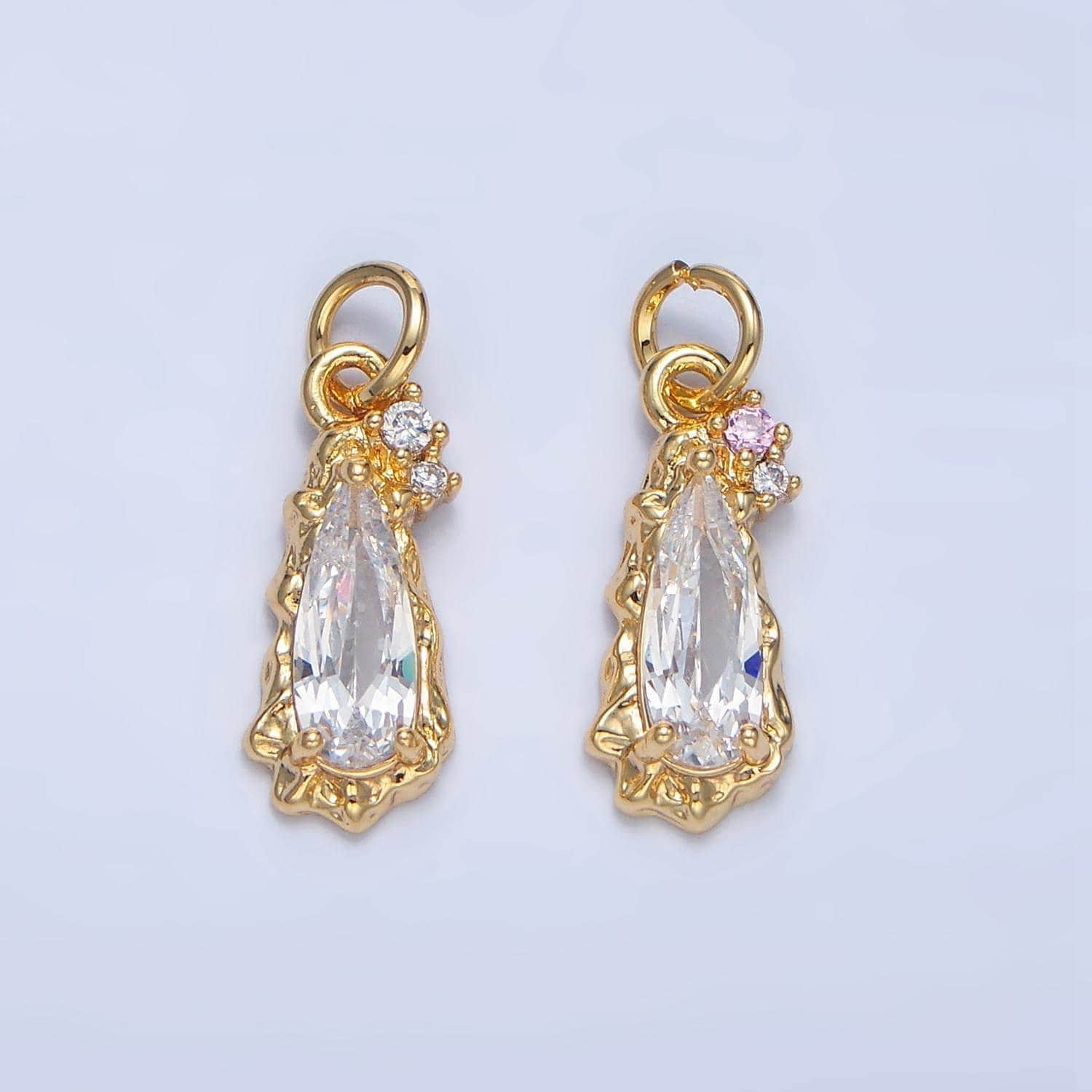 Clear, pink cz 24k gold filled molten teardrop charm | x-931 x-932