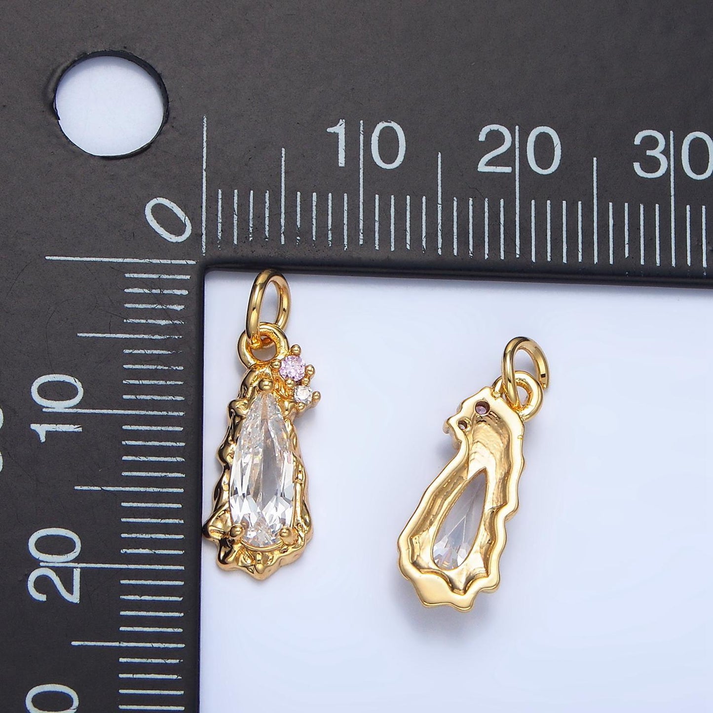 Clear, pink cz 24k gold filled molten teardrop charm | x-931 x-932