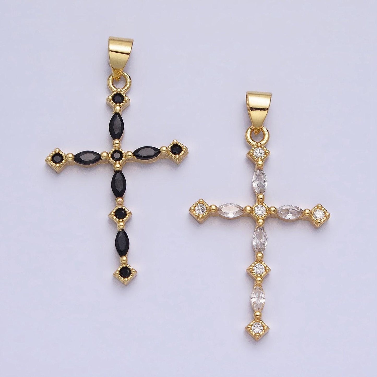 24k gold filled clear, black marquise cz lined religious thin cross | aa231 aa232
