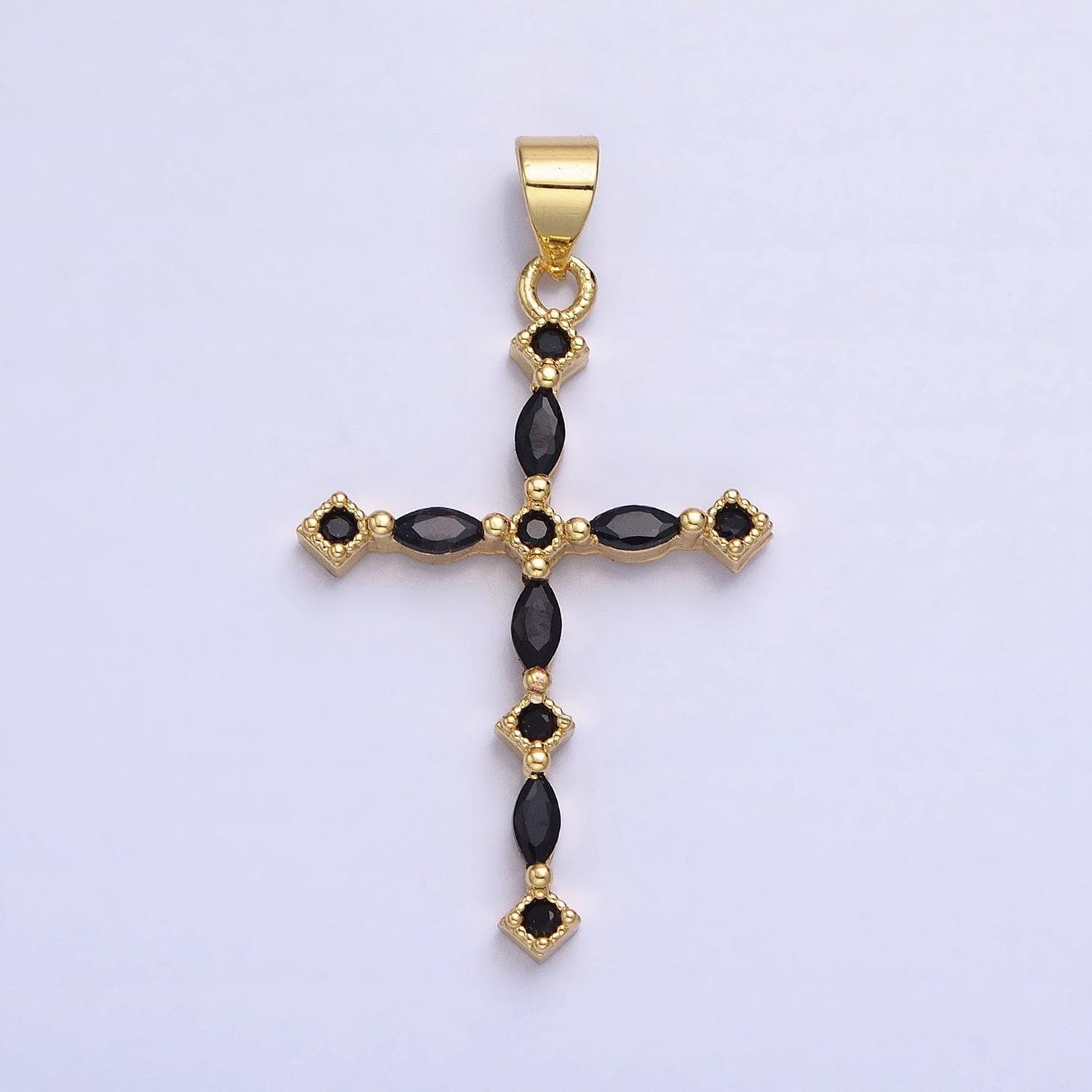 24k gold filled clear, black marquise cz lined religious thin cross | aa231 aa232