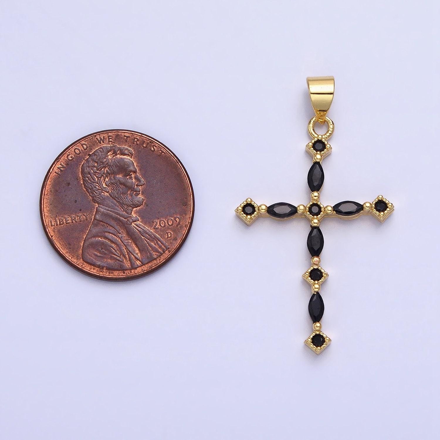 24k gold filled clear, black marquise cz lined religious thin cross | aa231 aa232