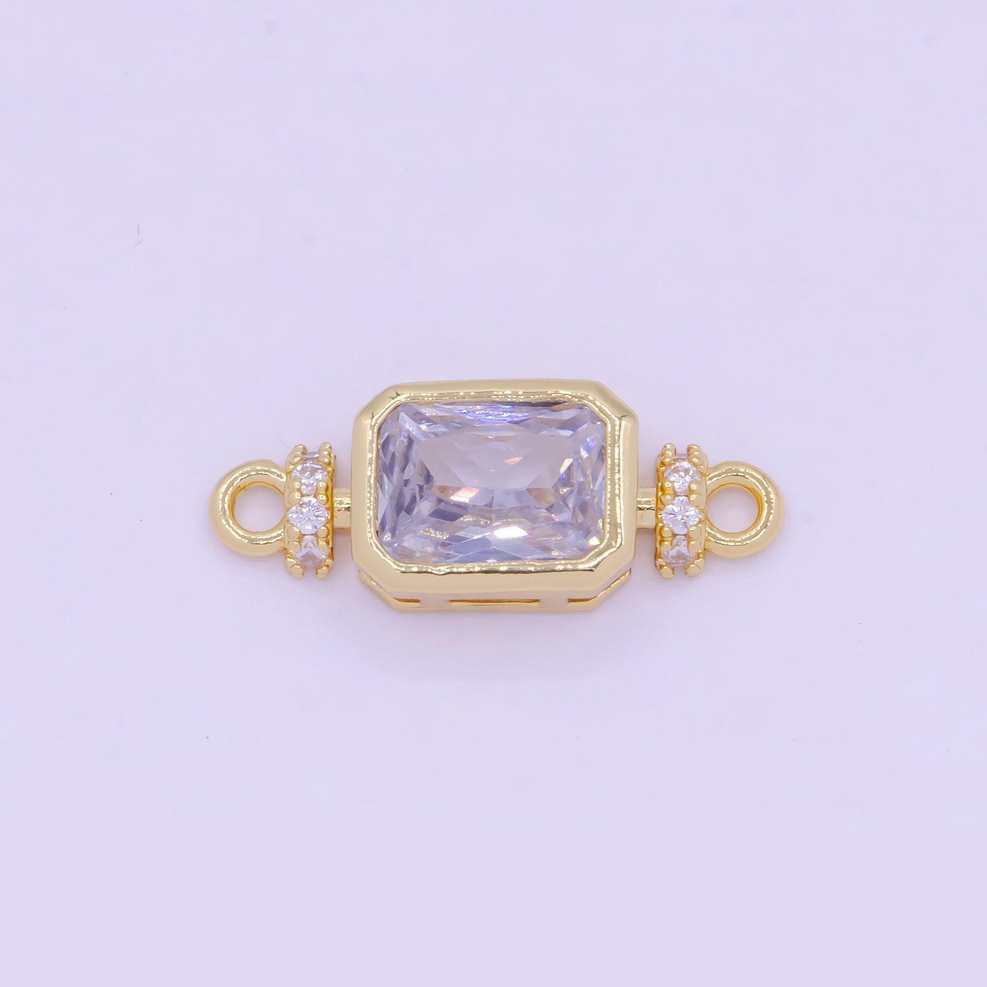 Light amethyst cubic gold rectangle charm connector, 24k gold plated clear micro paved cz purple tint rectangular link connector | g-471