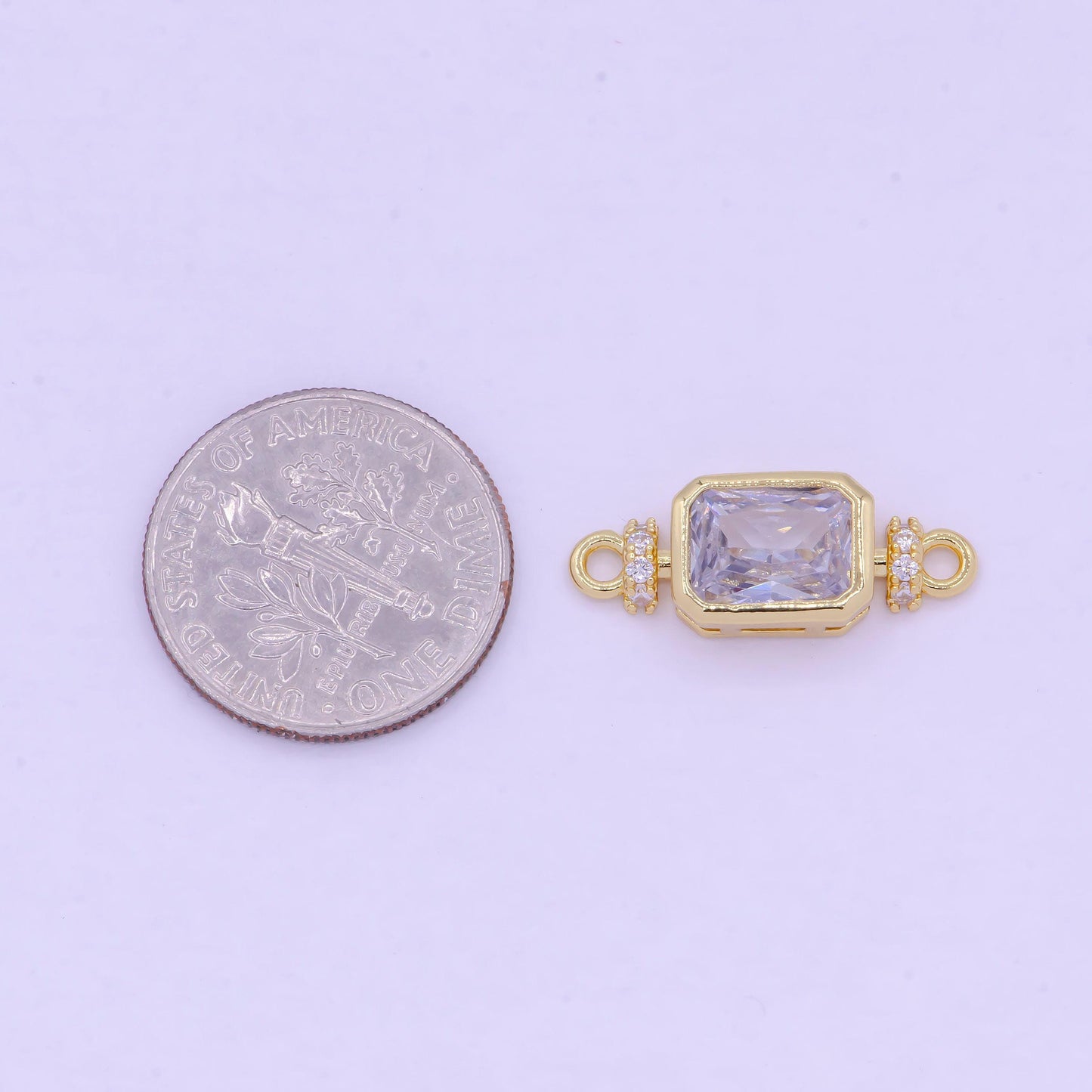 Light amethyst cubic gold rectangle charm connector, 24k gold plated clear micro paved cz purple tint rectangular link connector | g-471