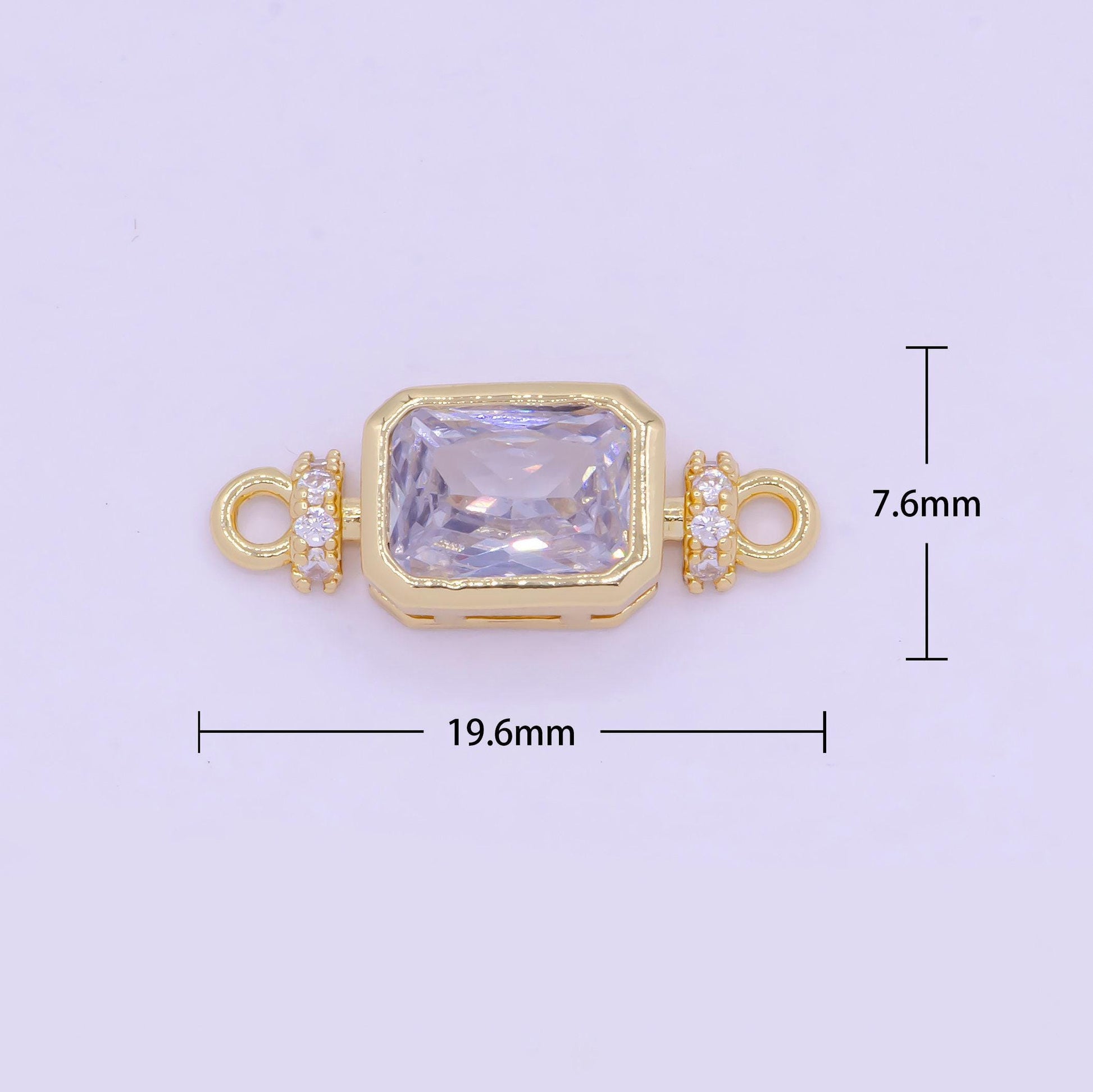 Light amethyst cubic gold rectangle charm connector, 24k gold plated clear micro paved cz purple tint rectangular link connector | g-471