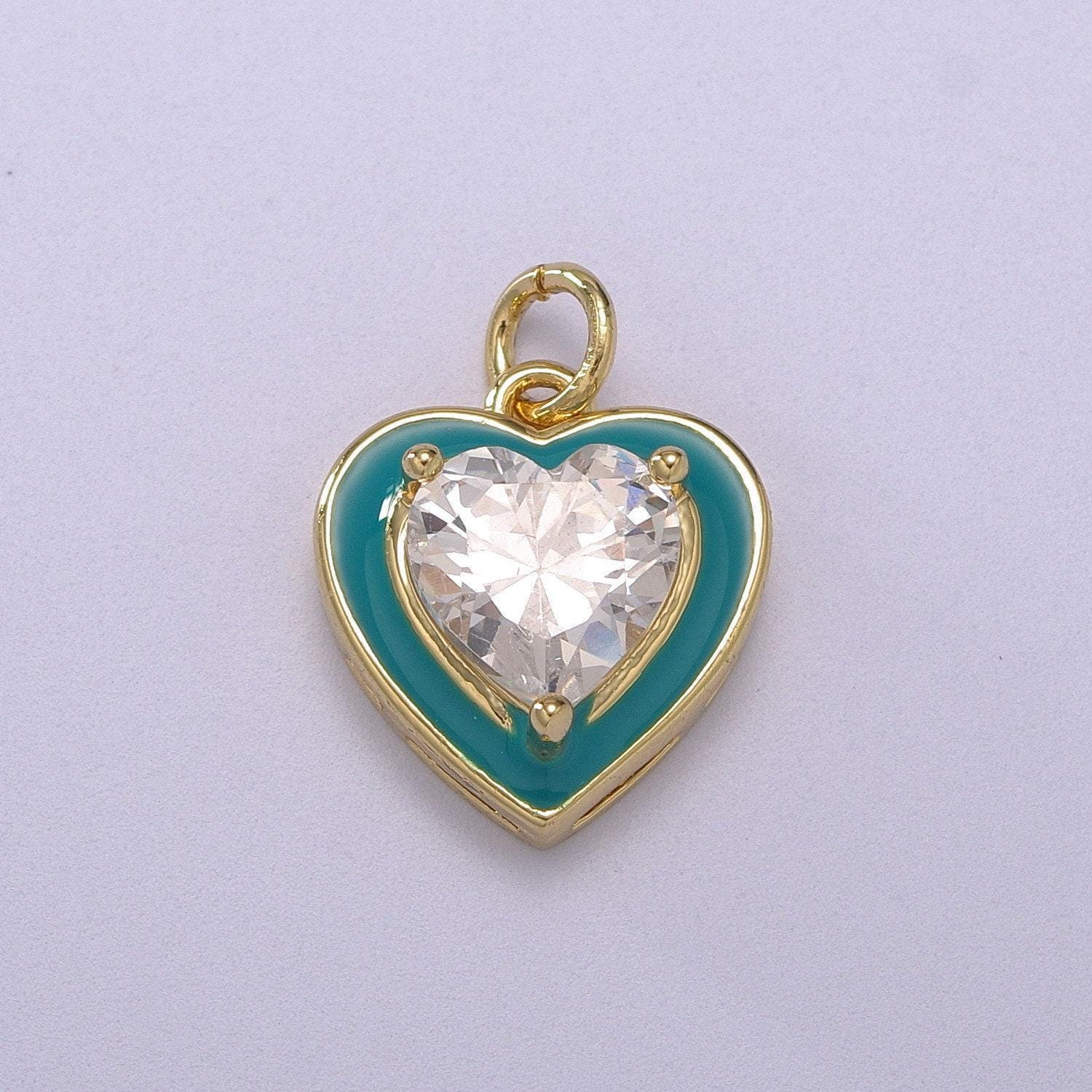 1pc gold heart enamel solitaire cz charms, cubic love charm with color enamel to choose charm medallion for necklace,m-670-m673