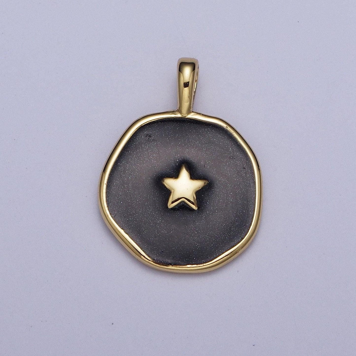 Enamel gold celestial star, religious cross, lightning bolt medallion round charm for jewelry making | ag024~ag027