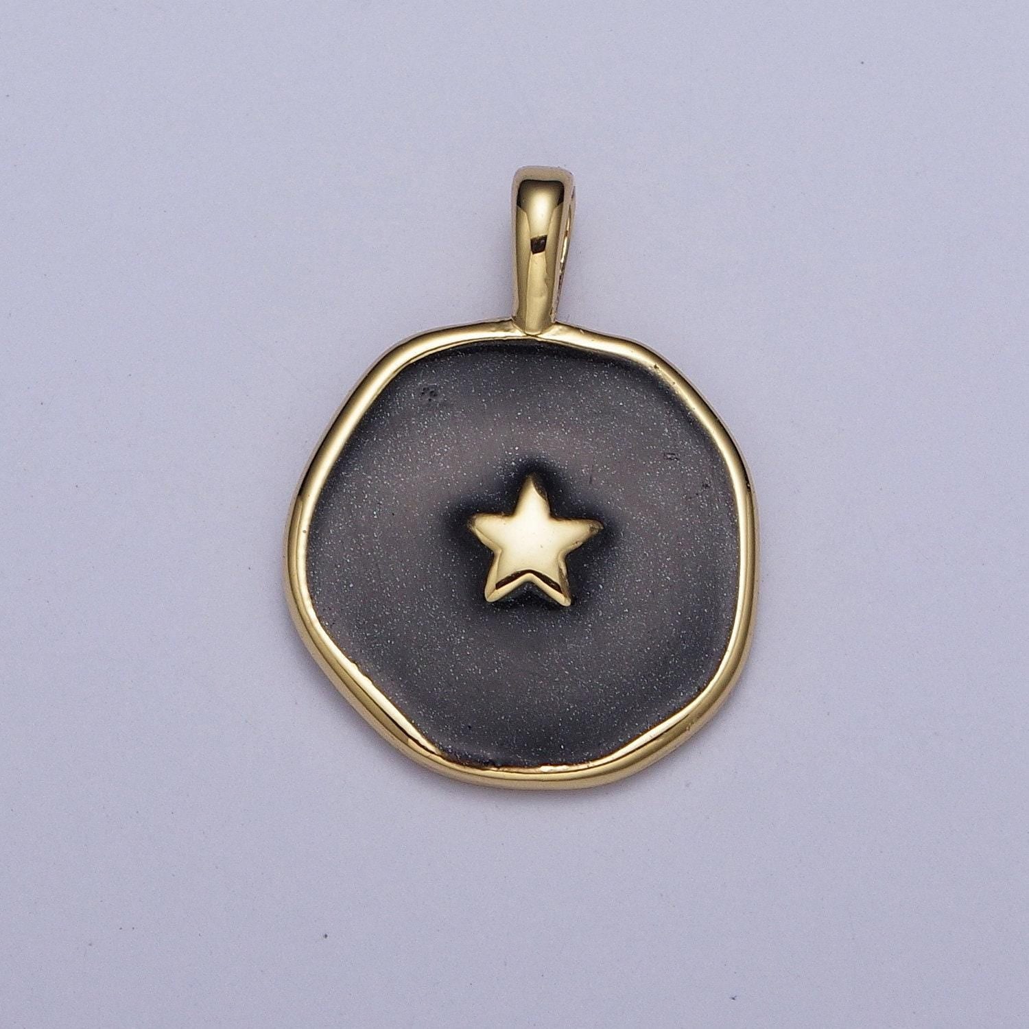 Enamel gold celestial star, religious cross, lightning bolt medallion round charm for jewelry making | ag024~ag027