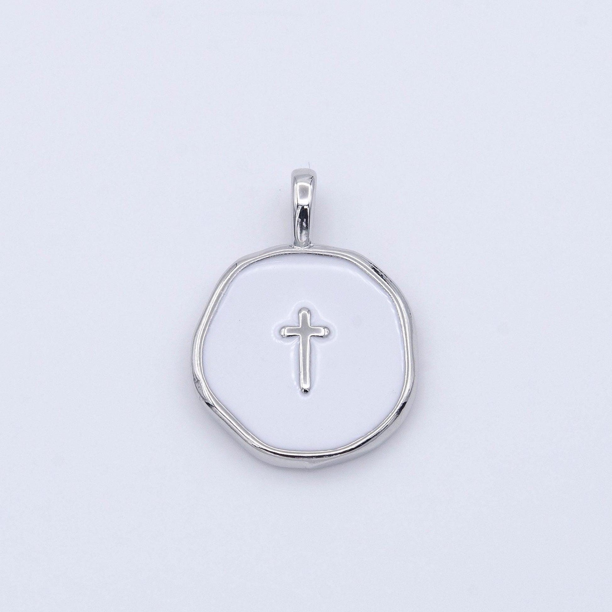Enamel gold celestial star, religious cross, lightning bolt medallion round charm for jewelry making | ag024~ag027