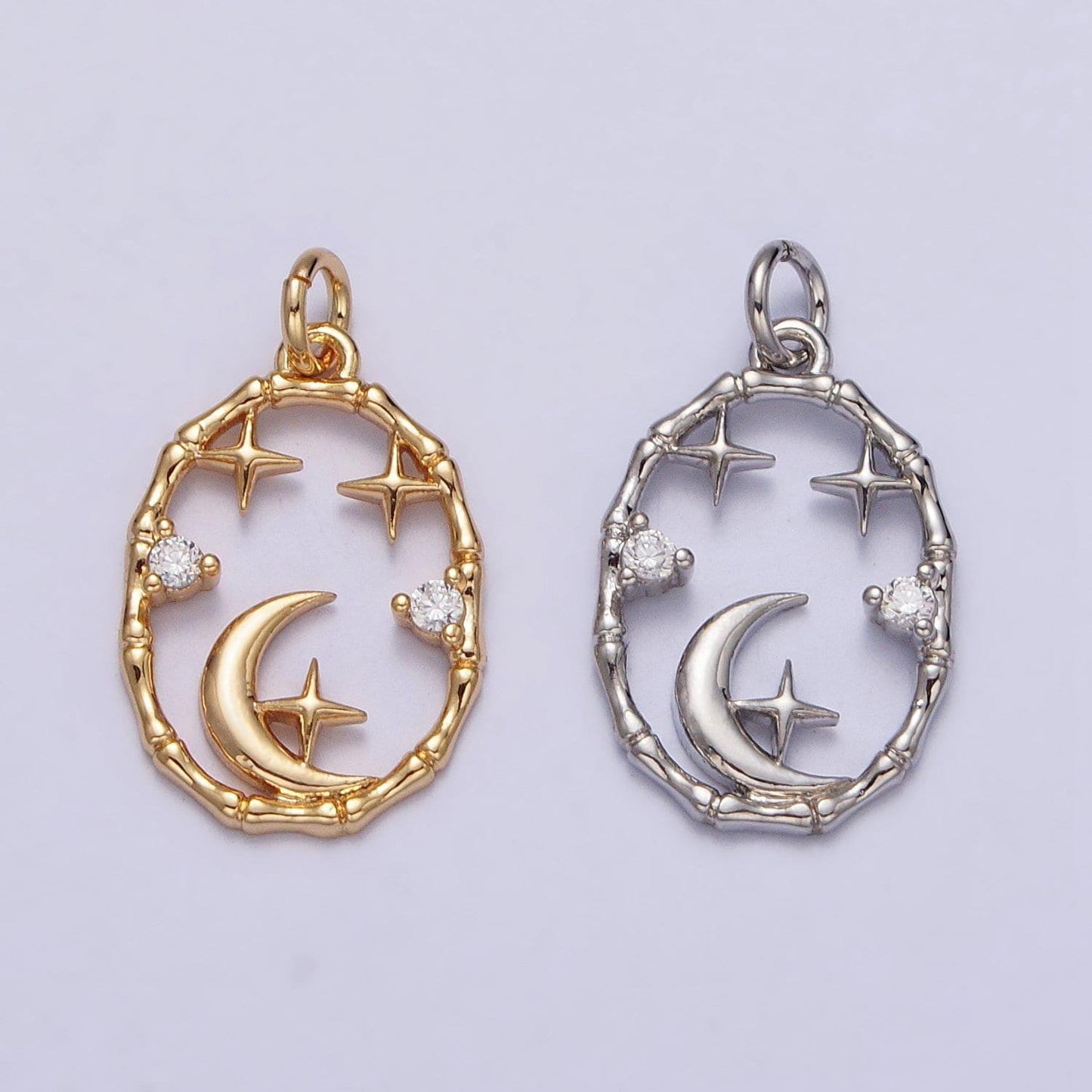 Dainty gold starry night oval charm micro pave cubic zirconia star charm, moon and stars charm celestial jewelry supply n-247