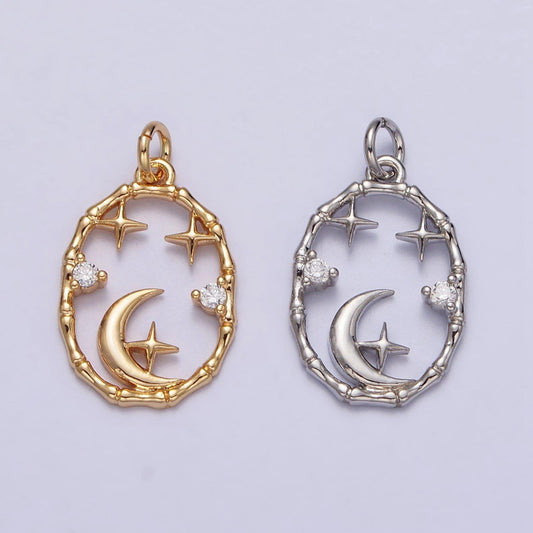 Dainty gold starry night oval charm micro pave cubic zirconia star charm, moon and stars charm celestial jewelry supply n-247