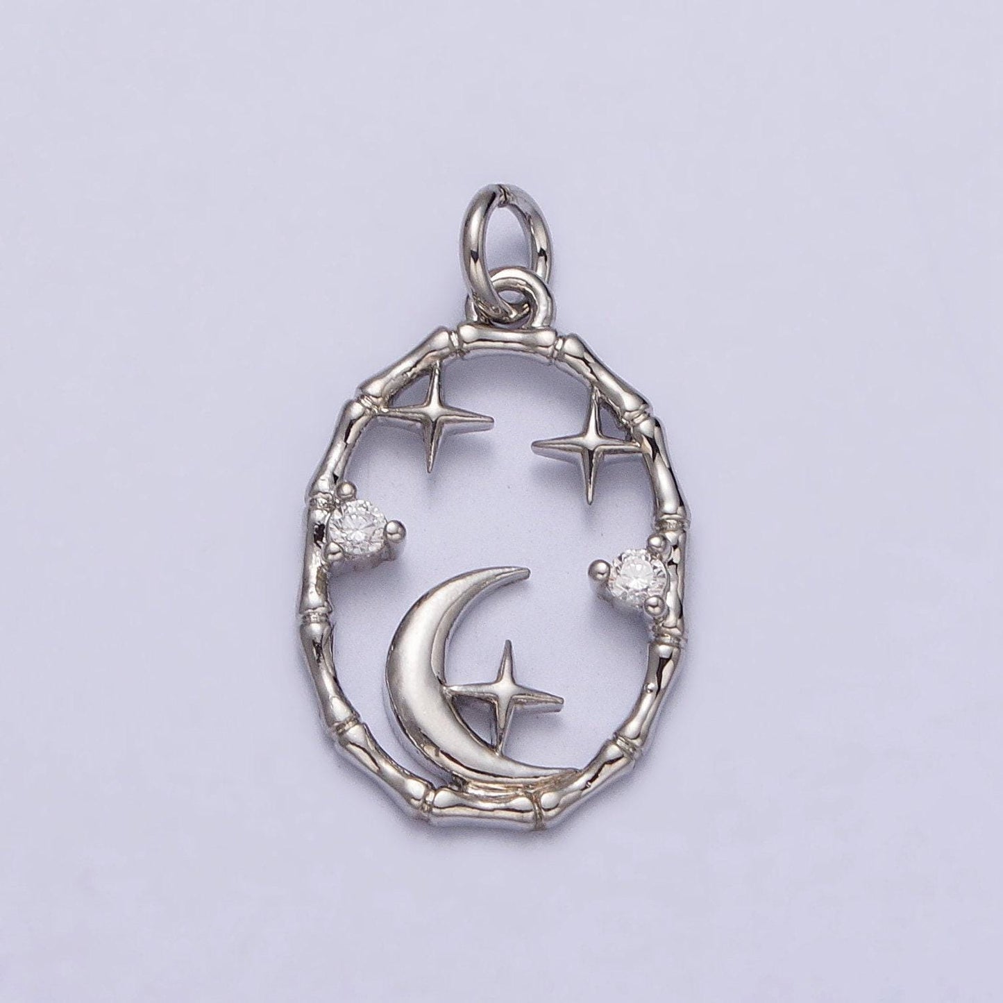 Dainty gold starry night oval charm micro pave cubic zirconia star charm, moon and stars charm celestial jewelry supply n-247