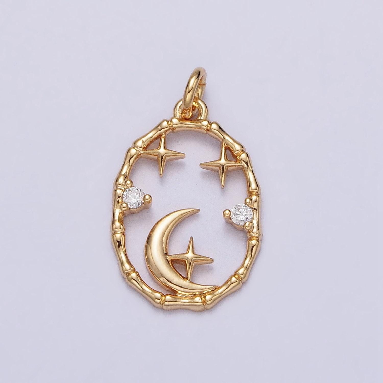 Dainty gold starry night oval charm micro pave cubic zirconia star charm, moon and stars charm celestial jewelry supply n-247