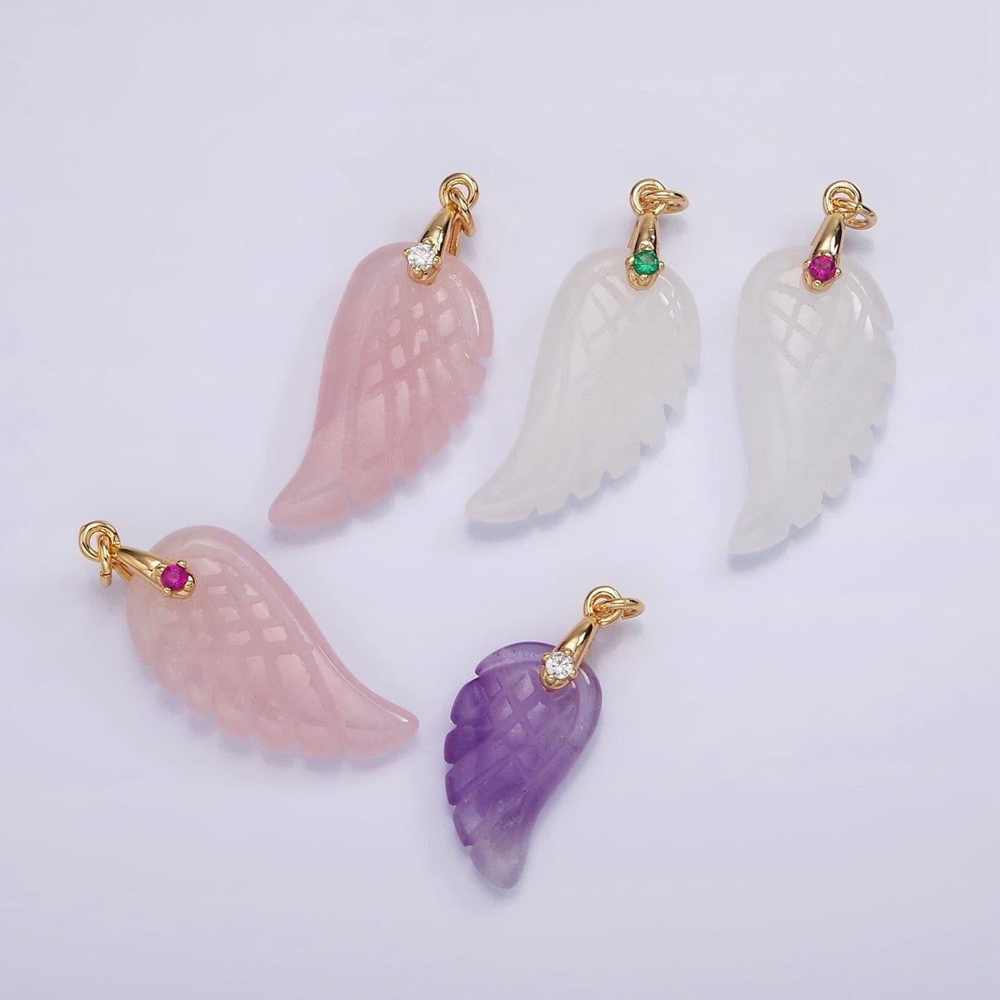 Handmade carved natural pink rose quartz / amethyst / quartz angel wing pendant charm for necklace bracelet component ag297
