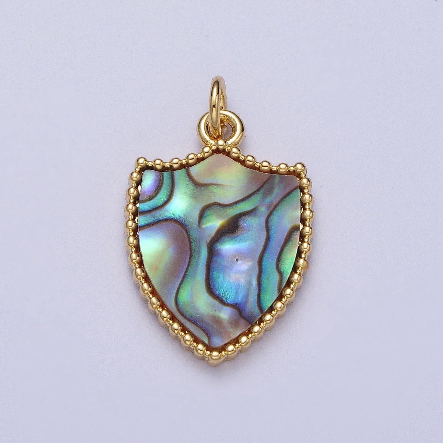 Gold frame pearly white heart pendant, 14k gold filled shell pearl shield medallion charm | e-540 e-543