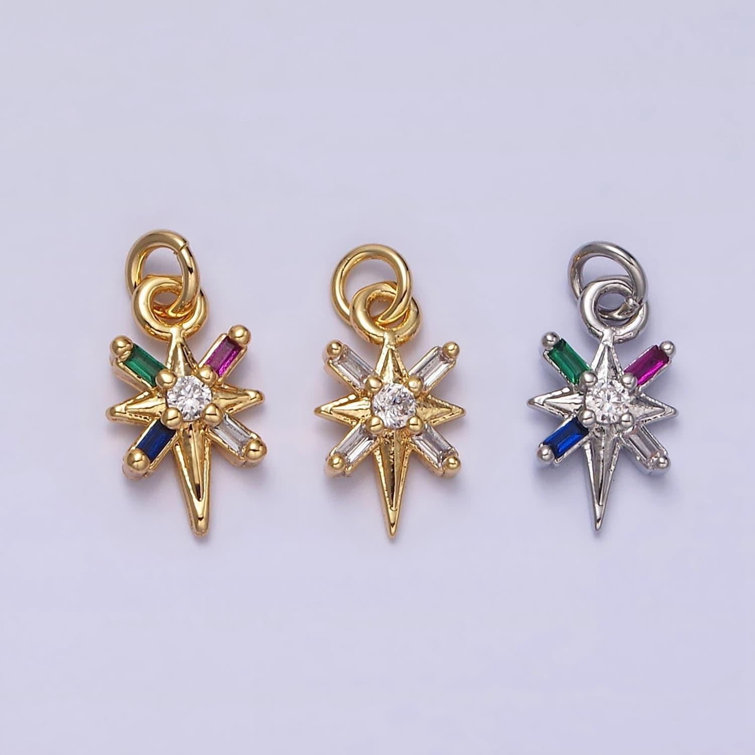 16k gold filled north star celestial multicolor, clear baguette cz charm in gold & silver | ac1296 ac1297