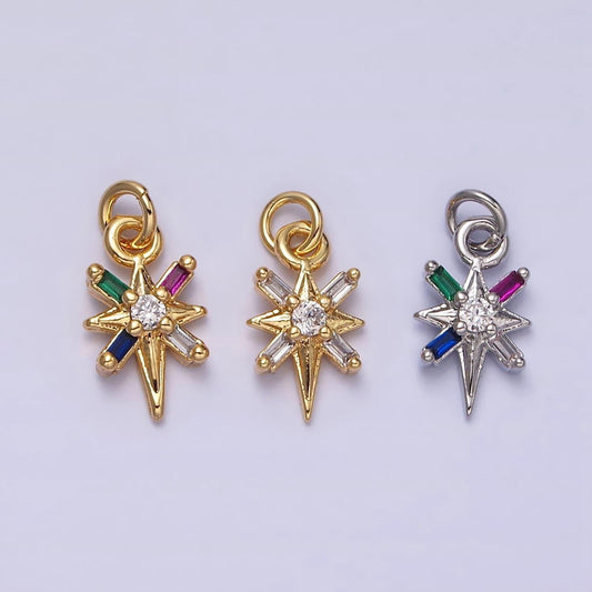 16k gold filled north star celestial multicolor, clear baguette cz charm in gold & silver | ac1296 ac1297