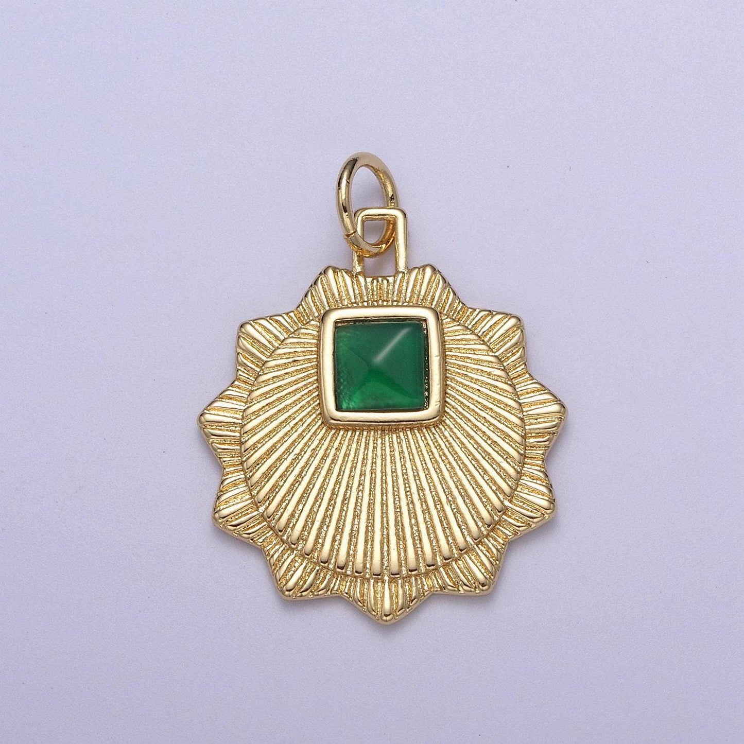 Gold filled radial sun charm necklace, emerald green sunburst gold celestial pendant, dainty medallion necklace supply n-396
