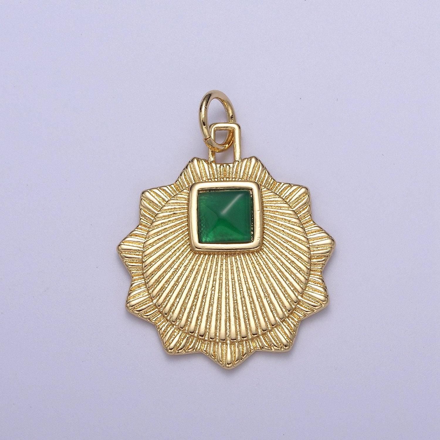 Gold filled radial sun charm necklace, emerald green sunburst gold celestial pendant, dainty medallion necklace supply n-396