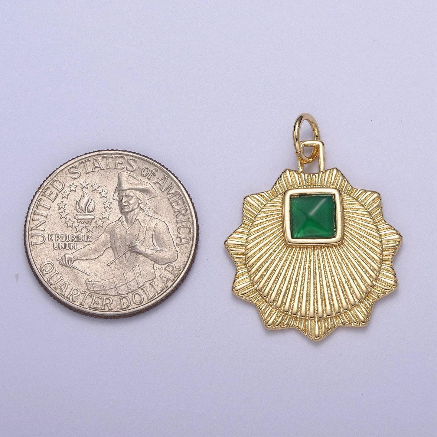 Gold filled radial sun charm necklace, emerald green sunburst gold celestial pendant, dainty medallion necklace supply n-396