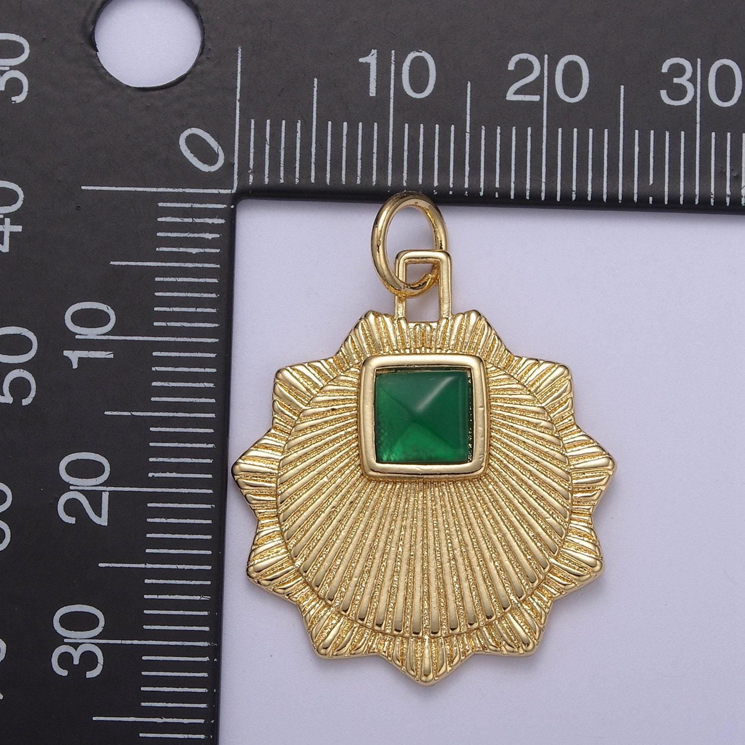 Gold filled radial sun charm necklace, emerald green sunburst gold celestial pendant, dainty medallion necklace supply n-396