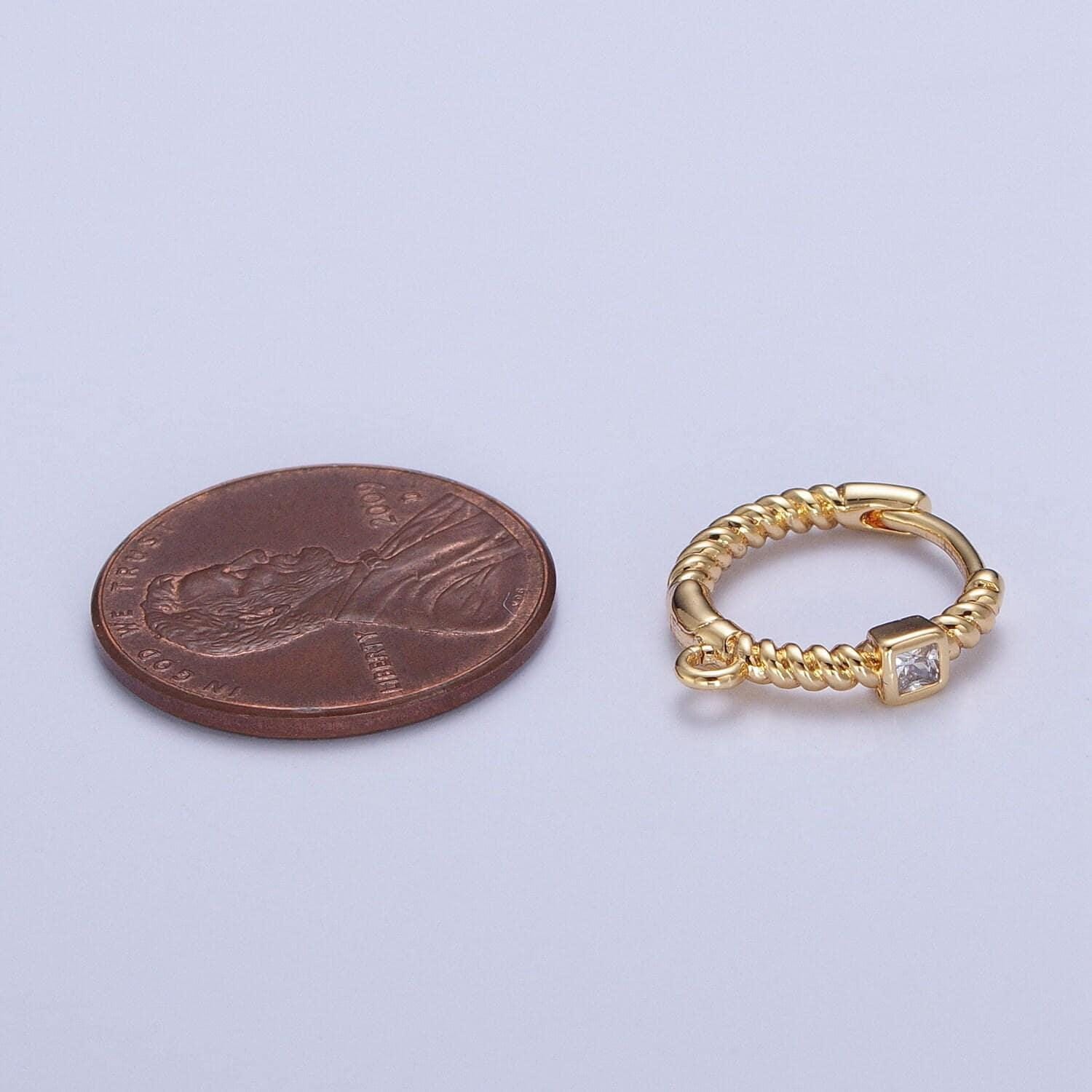 24k gold plated dainty wreaths hoop huggie w/ open link lever, micro cz pave wreaths earrings, 14.6x14.5mm, earring making findings | l-810