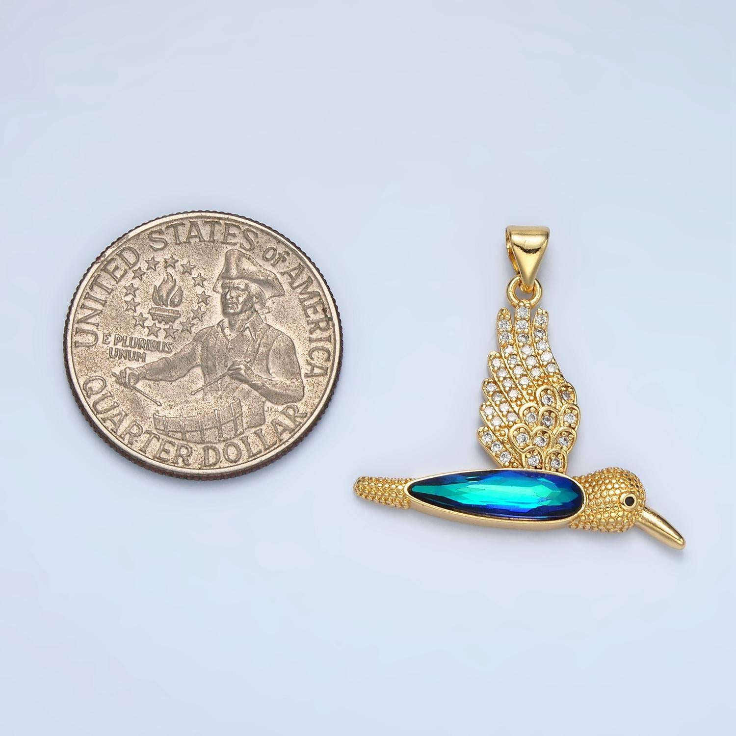 Gold hummingbird charm 24k gold filled humming bird pendant gold blue cz animal jewelry aa905