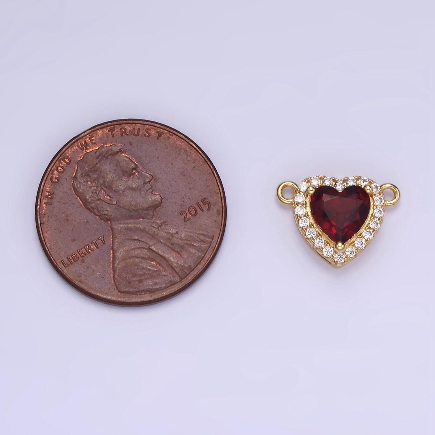 Dainty dark red cz heart connector cubic zirconia micro pave double loop gold filled heart charm connector for bracelet component g496