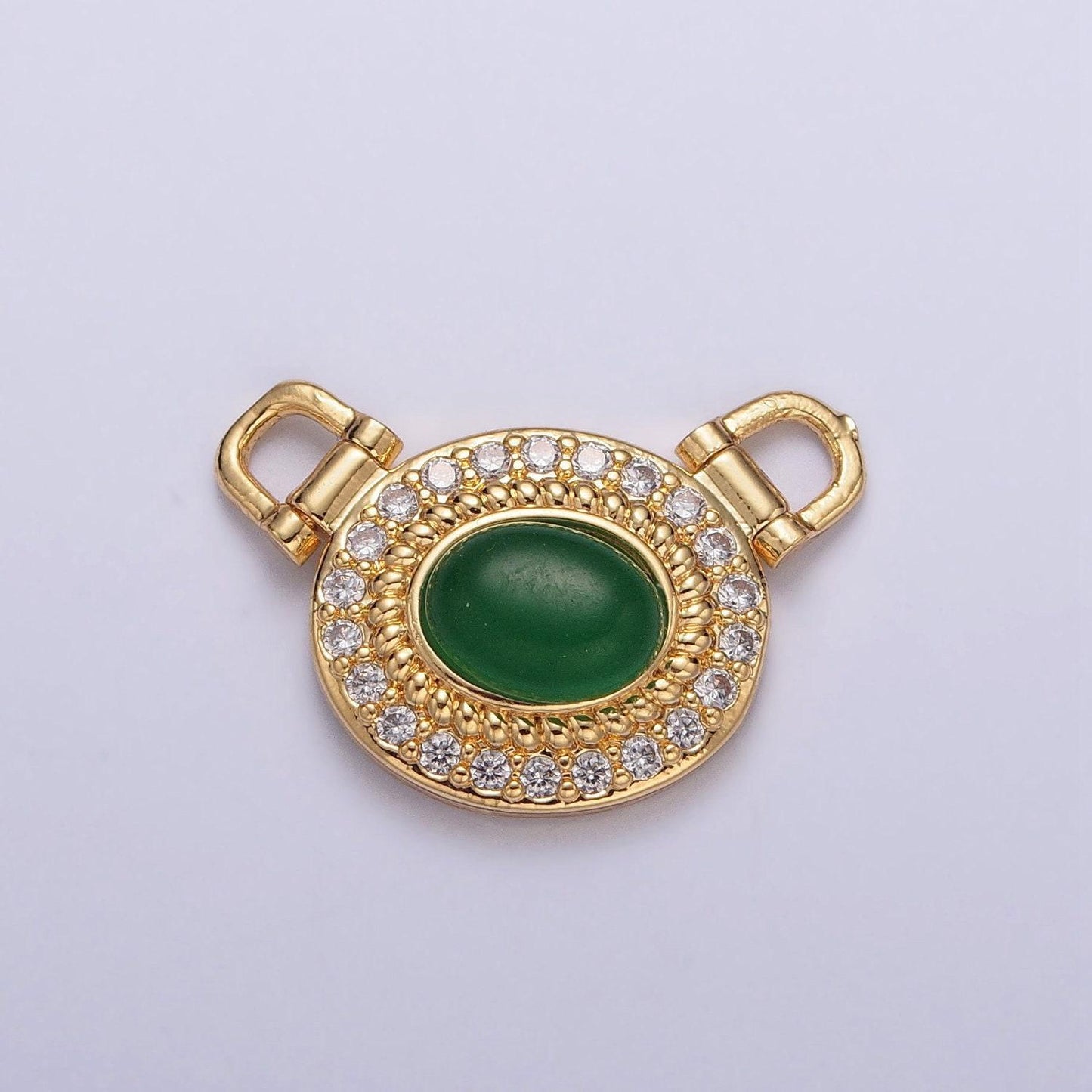 24k gold plated dainty emerald green oval micro pave cz twisted edge connector charm, gold connector for necklace, bracelet, earring | g-913