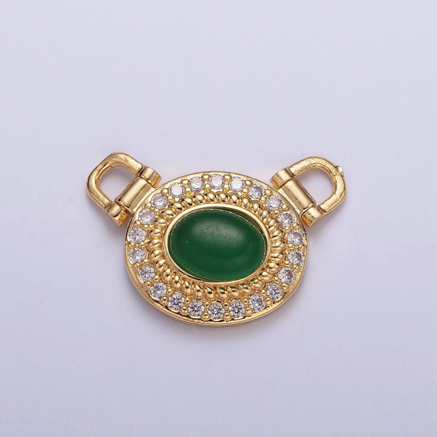 24k gold plated dainty emerald green oval micro pave cz twisted edge connector charm, gold connector for necklace, bracelet, earring | g-913