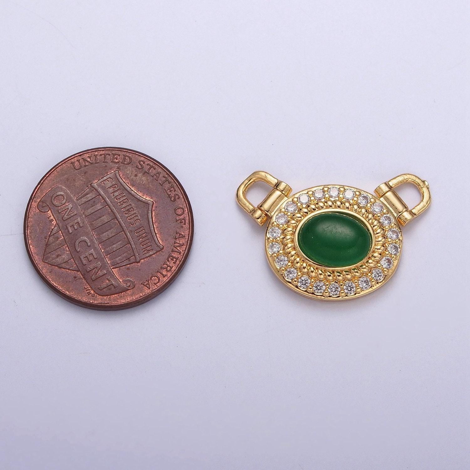 24k gold plated dainty emerald green oval micro pave cz twisted edge connector charm, gold connector for necklace, bracelet, earring | g-913