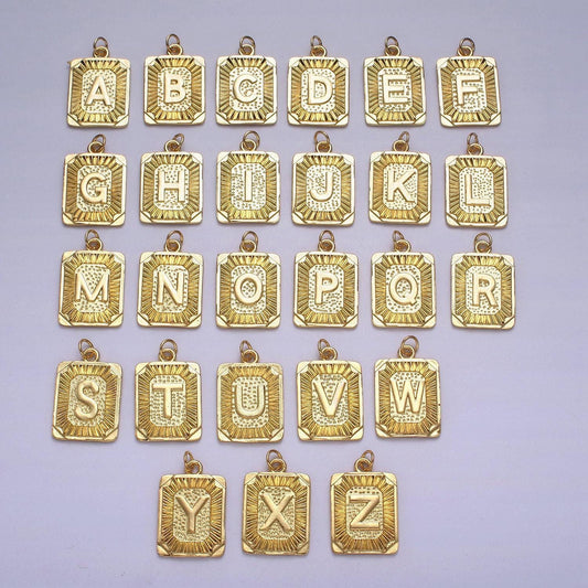 24k gold filled initial tag letter charm a - z alphabet letter tile charm pendant for personalized necklace jewelry making