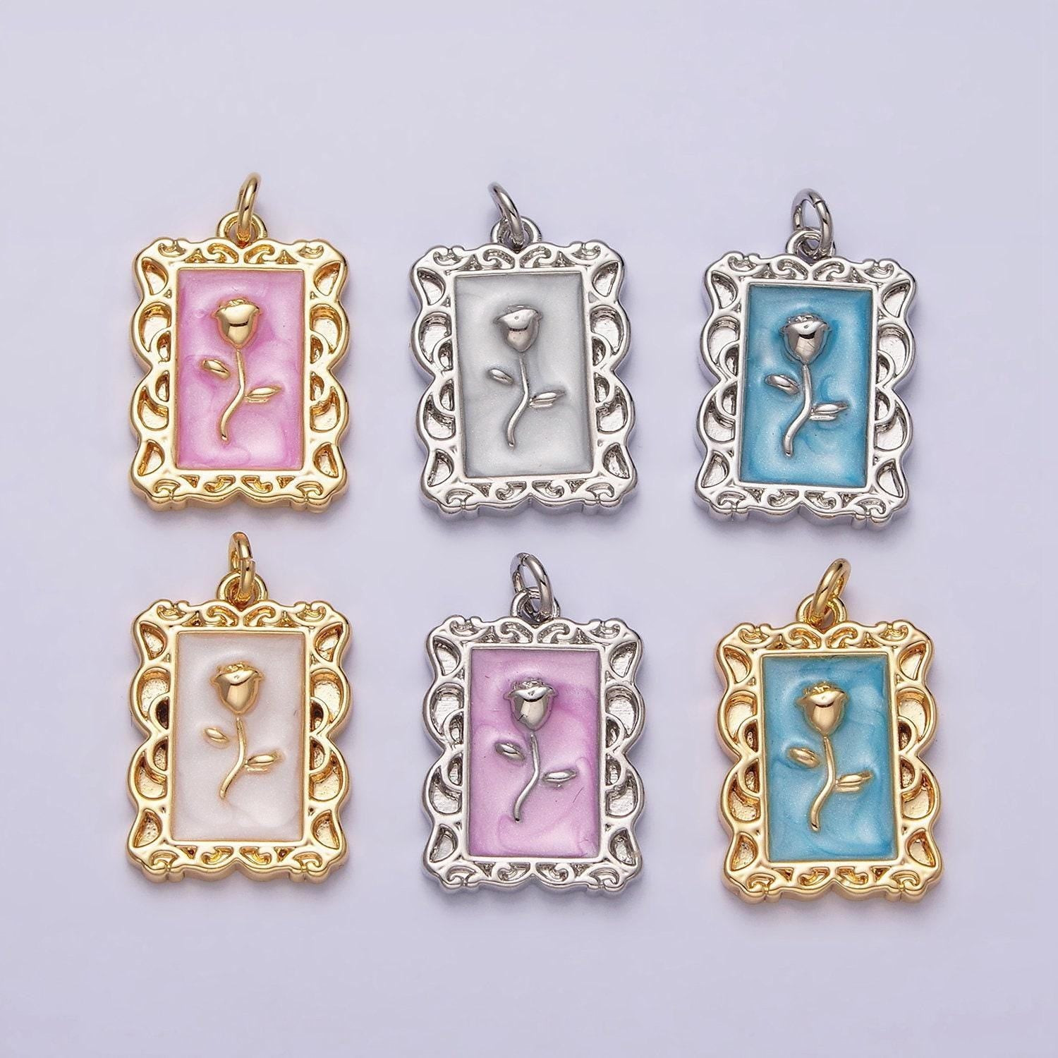 16k gold filled rose flower white, blue, pink sparkly enamel rectangular charm in gold & silver | ac1350 - ac1355
