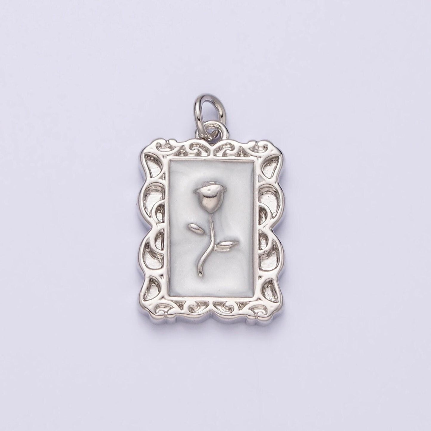16k gold filled rose flower white, blue, pink sparkly enamel rectangular charm in gold & silver | ac1350 - ac1355