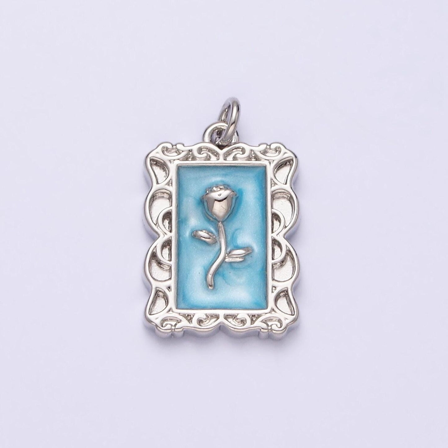 16k gold filled rose flower white, blue, pink sparkly enamel rectangular charm in gold & silver | ac1350 - ac1355