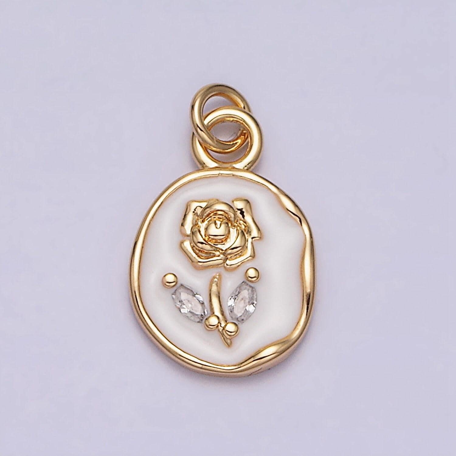 Gold rose flower charms enamel floral charm with cubic zirconia stone for mothers days gift idea anniversary gift minimalist jewelry ac1081