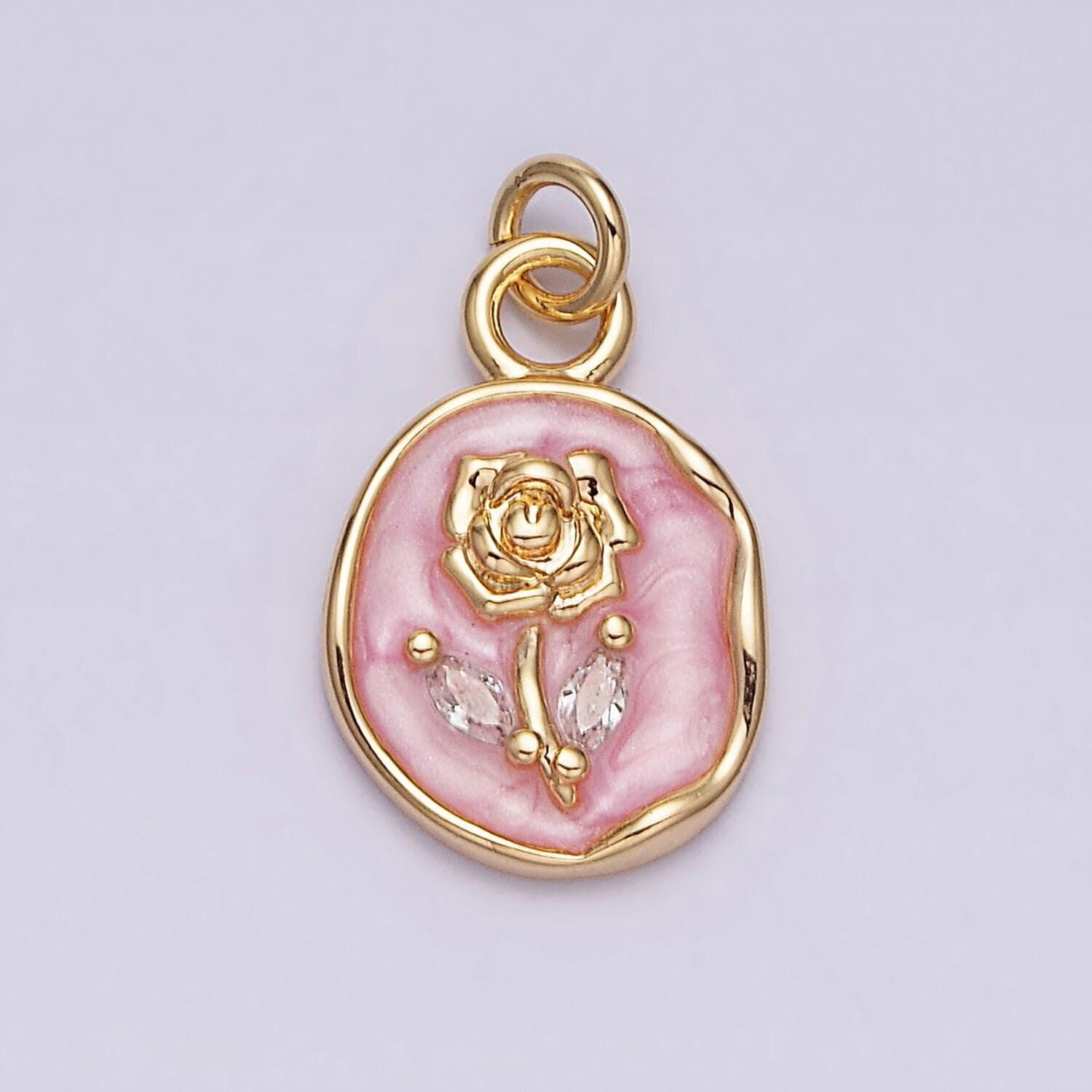 Gold rose flower charms enamel floral charm with cubic zirconia stone for mothers days gift idea anniversary gift minimalist jewelry ac1081