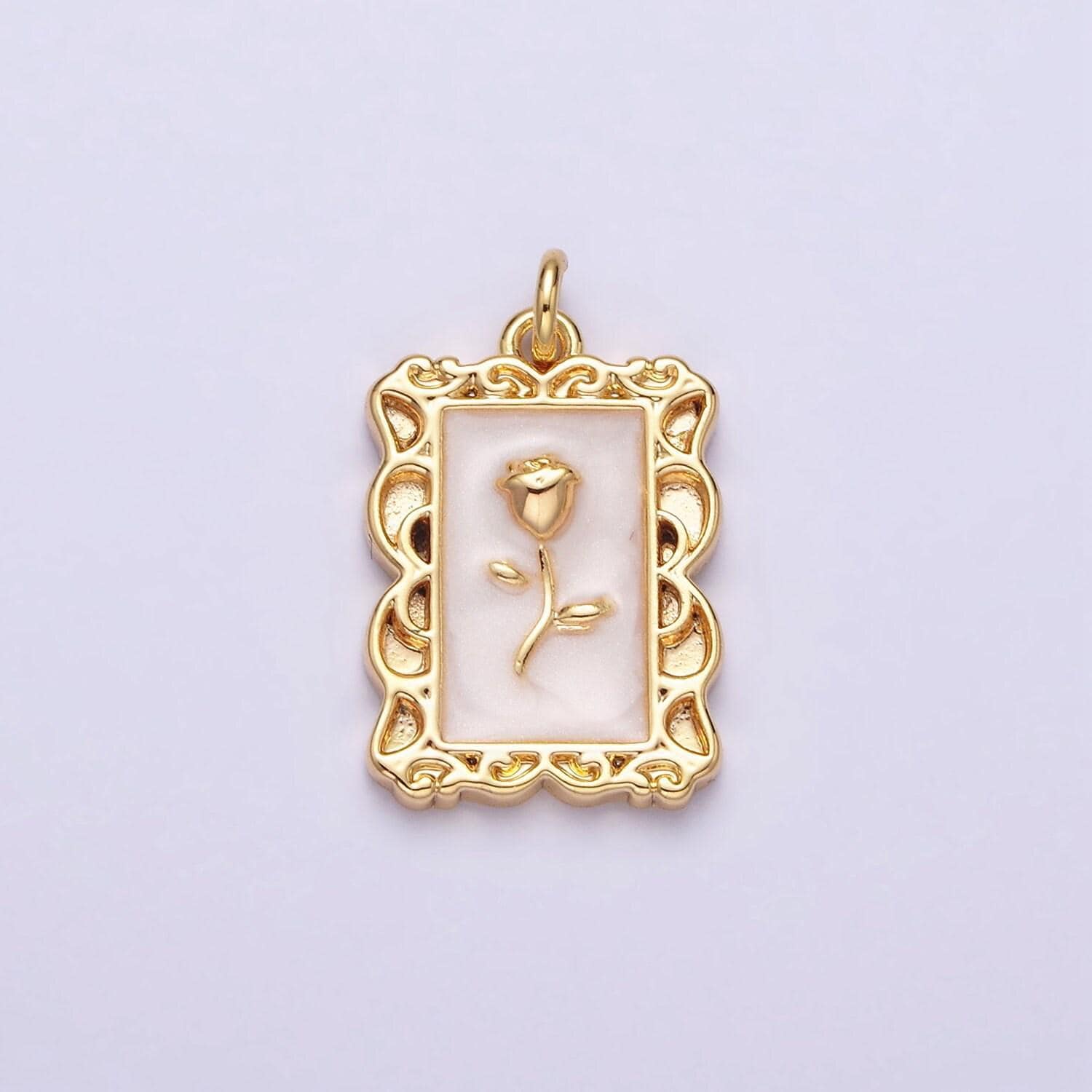 16k gold filled rose flower white, blue, pink sparkly enamel rectangular charm in gold & silver | ac1350 - ac1355