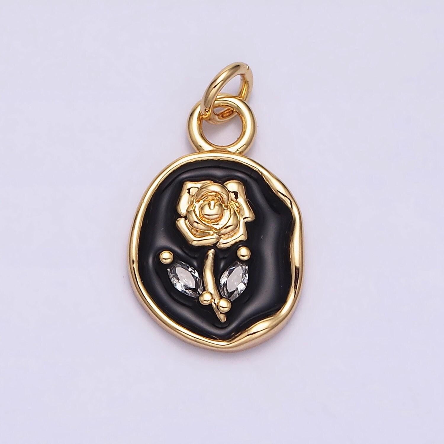 Gold rose flower charms enamel floral charm with cubic zirconia stone for mothers days gift idea anniversary gift minimalist jewelry ac1081