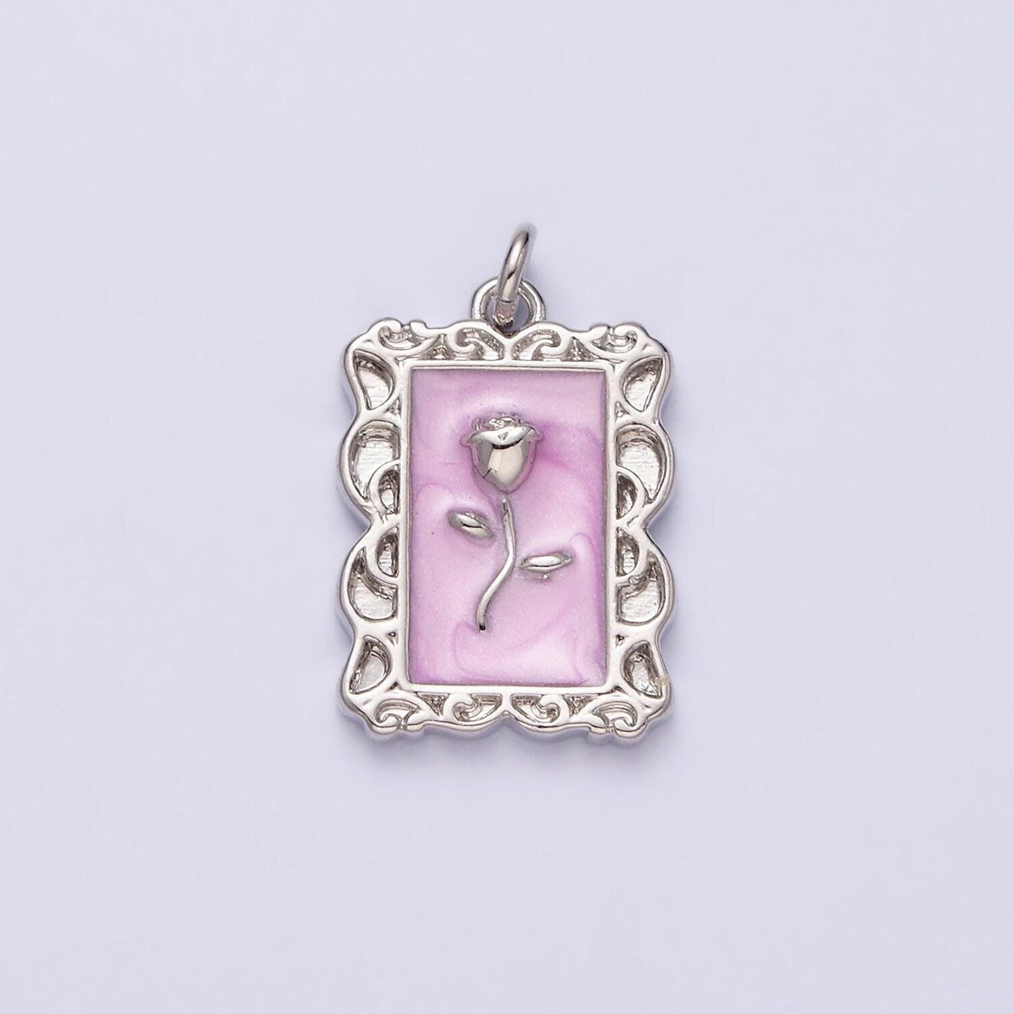 16k gold filled rose flower white, blue, pink sparkly enamel rectangular charm in gold & silver | ac1350 - ac1355