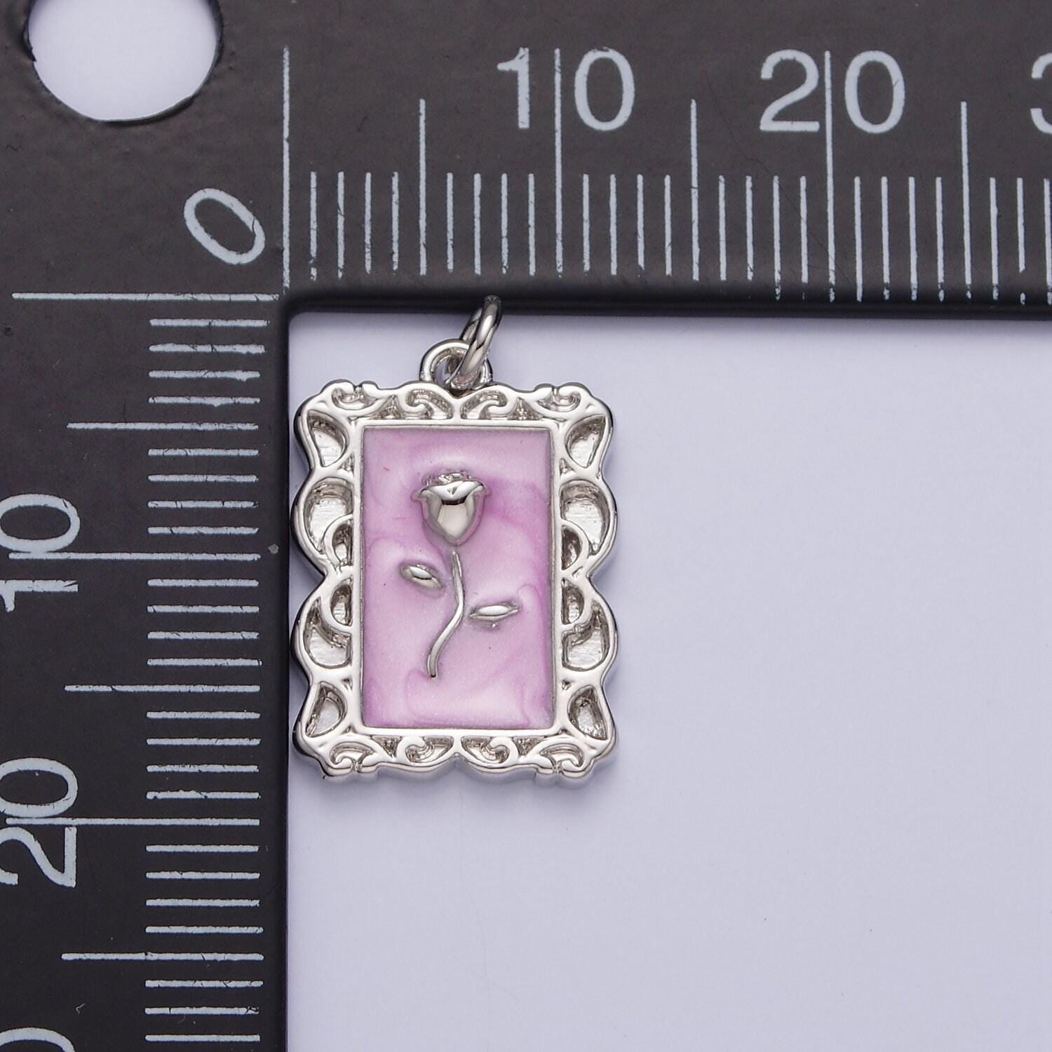 16k gold filled rose flower white, blue, pink sparkly enamel rectangular charm in gold & silver | ac1350 - ac1355